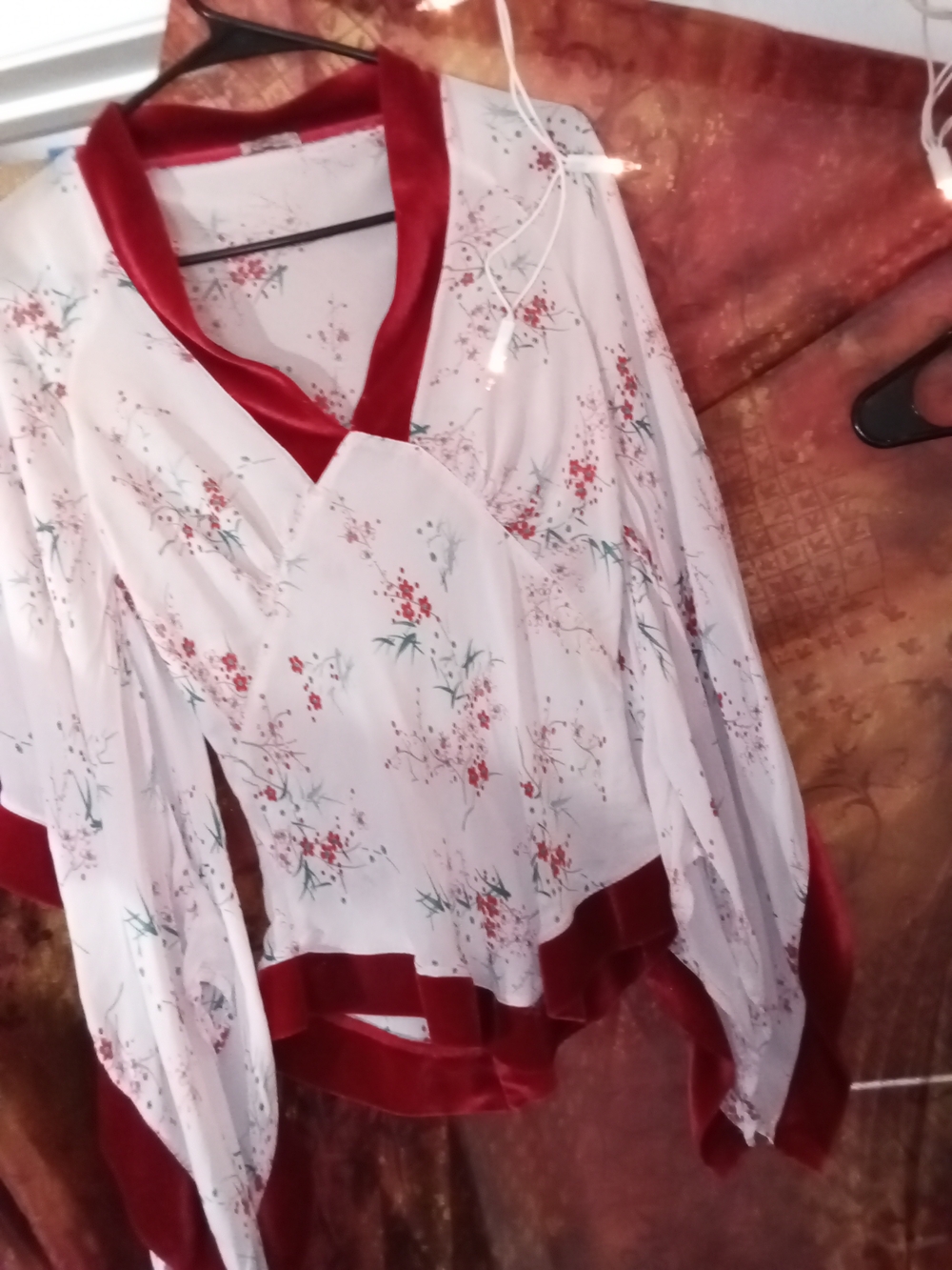 Women's Floral V-Neck Blouse with Red Velvet Trim By Frenzii